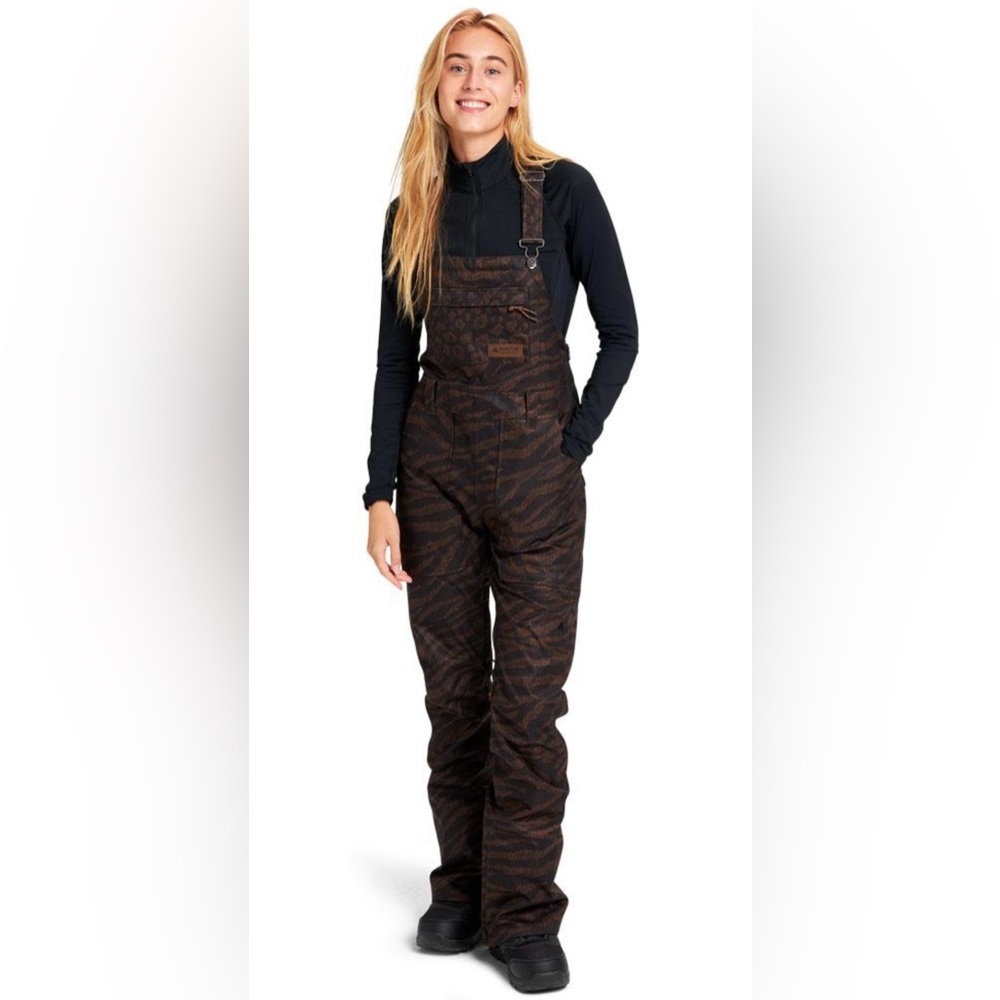 Burton Avalon Bibs in black and dark brown animal print.